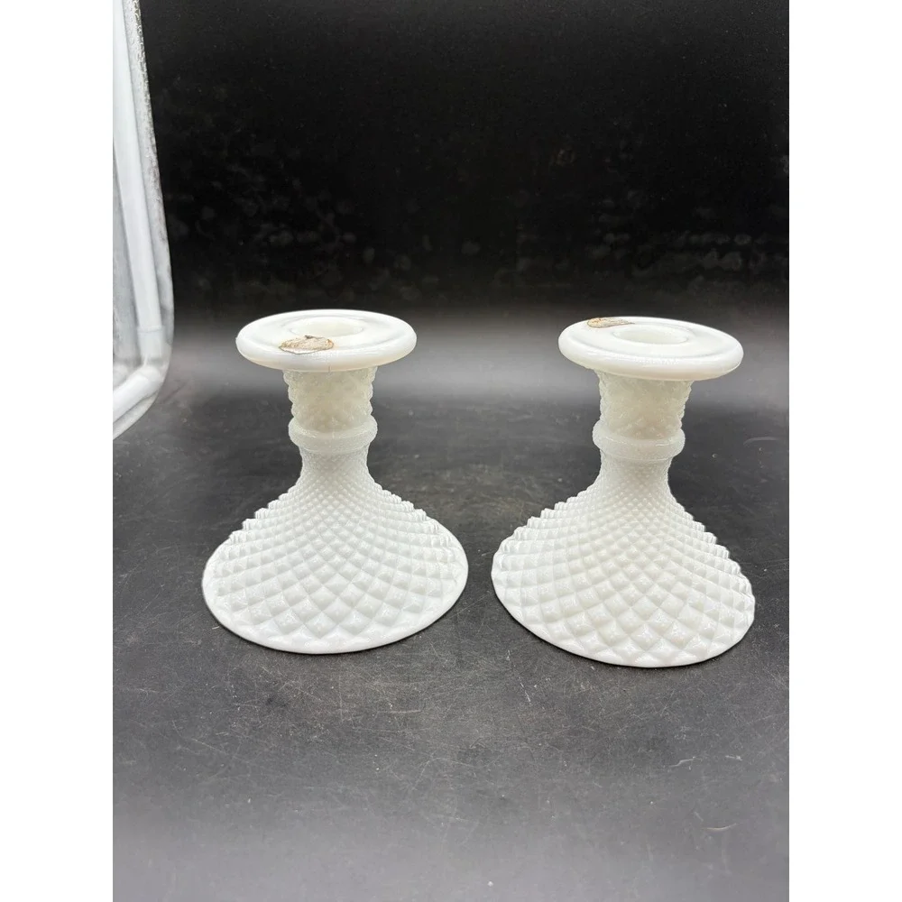 Westmoreland Milk Glass English Hobnail Candlestick Holders Set of 2 White Vntg